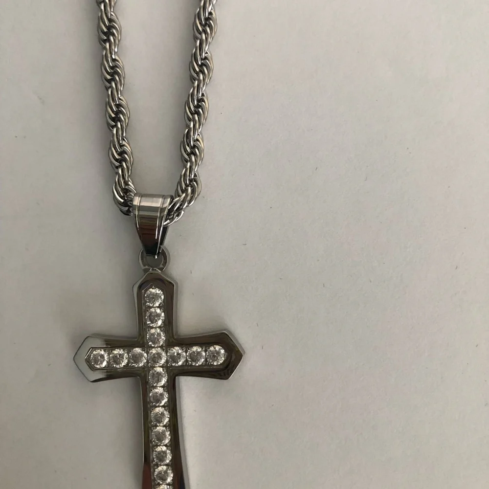 Stainless steel necklace large cubic zirconia cross w/ rope chain